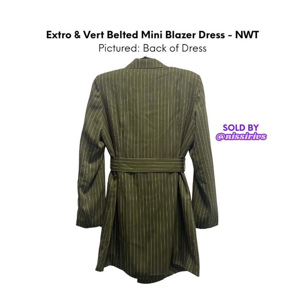 💜 NWT Extro & Vert Belted Mini Blazer Dress (Green w/ Khaki Stripes) - Picture 6 of 7